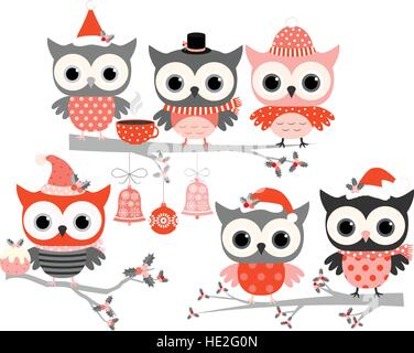 Cute winter owl birds in red and grey colors with warm hats and scarves standing on tree branches with holly Stock Vector