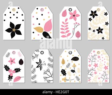 Set of Christmas gift tags with foliage - poinsettia leaves, branches, flowers and berries in pink and black colors Stock Vector