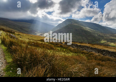 View from the Llanberis Path up Snowdon looking up the valley of the Afon Arddu, Snowdonia National Park (Eryri), Gwynedd, Wales. Stock Photo