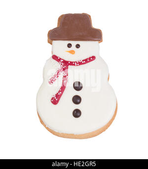 Frosted Snowman cookie isolated on white background. Stock Photo