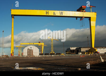 One of a pair of large shipbuilding cranes named Sampson and Goliath at the Harland and Wolff shipyard Belfast. Home of Titanic Stock Photo