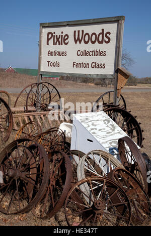 Entrance sign and display for Pixie Woods Antique shop. Battle Lake Minnesota MN USA Stock Photo