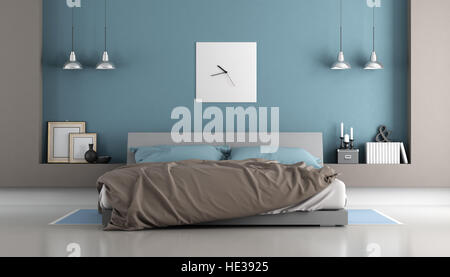 Blue and brown modern bedroom with double bed - 3d rendering Stock Photo