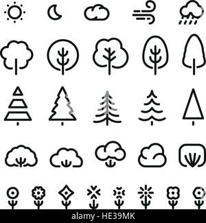 Isolated black color outlined coniferous trees,bushes,flowers and weather forecast signs in monochrome lines logo set. Simple flat vector illustrations of nature elements on white. Eco symbols. Stock Vector