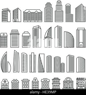 Isolated outlined in monochrome lines blocks of flats logo set. Vector skyscrapers illustration. Urban real estate signs for business brochure. Designed architecture logotypes. Building constructions. Stock Vector