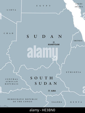 Sudan and South Sudan political map with capitals Khartoum and Juba. Two republics in Eastern Africa, with national borders. Stock Photo