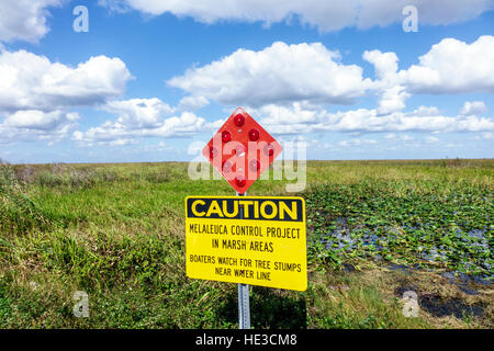 Florida Everglades,Alligator Alley,sign,melaleuca control project,invasive species,Francis S. Taylor Wildlife Management Area,FL161125056 Stock Photo