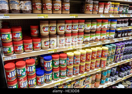 Florida,South,Sanibel Barrier Island,Jerry's Foods,supermarket,grocery store,interior inside,shelf shelves shelving,display sale product,peanut butter Stock Photo