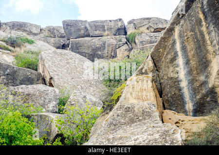 Ancient petroglyph drawings on the rocks in Gobustan, Azerbaijan Stock Photo