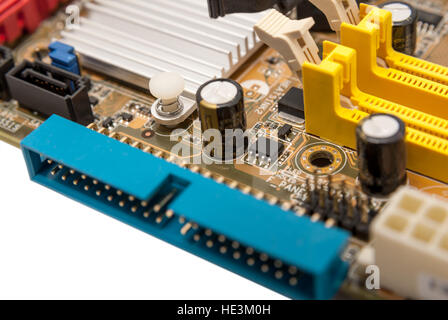 Electronics components on modern PC computer mainboard Stock Photo
