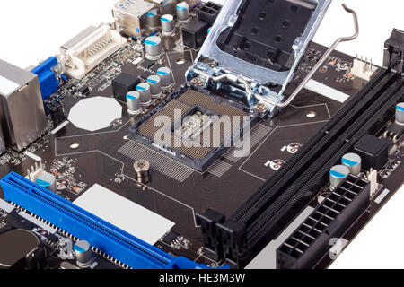 Empty CPU processor socket with pins on motherboard Stock Photo