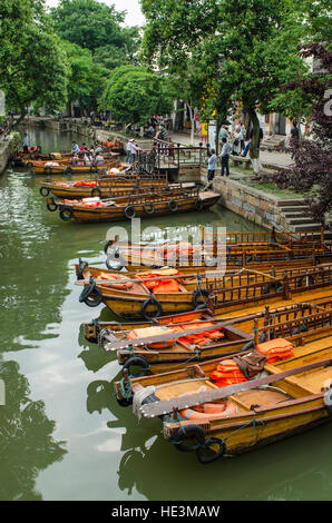 Chinese gondola canal boats in the water village of Tongli, China. Stock Photo