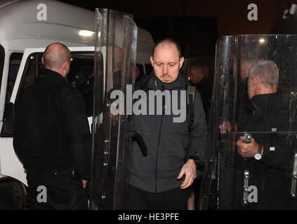 A member of specialist riot squad known as the Tornado Team arrives at HMP Birmingham to quell a disturbance which started at the prison - formerly known as Winson Green - in the city centre at around 9am. Stock Photo