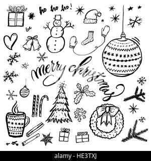 Merry Christmas hand-drawn illustration isolated on white background with text. Set of  raster xmas hand drawn doodle drawings. Stock Photo