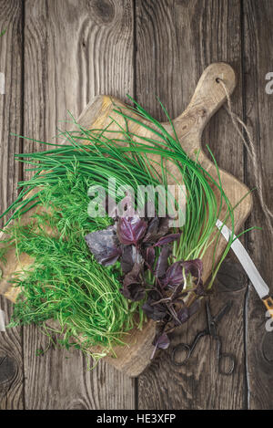 Fresh basil, dill, onions and knife on a cutting board vertical Stock Photo