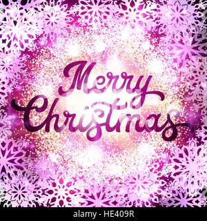 Christmas lettering inscription on abstract glowing background with glittering confetti elements and snowflakes. Xmas banner. Dust firework light with purple glow. Holiday vector illustration. Stock Vector