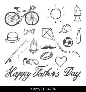 Happy Father's Day hand-drawn illustration isolated on white background with text. Set of hand drawn doodle drawings. Stock Photo