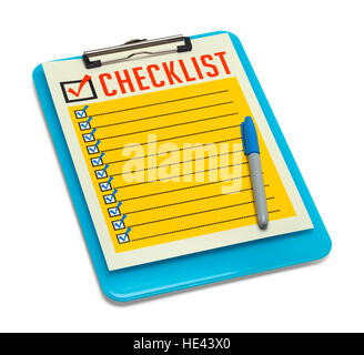 Blue Clipboard with Retro Checklist Isolated on White Background. Stock Photo