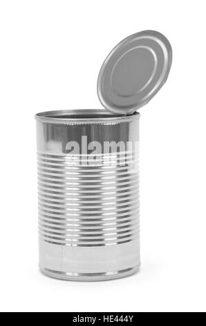 Open Tin Can Isolated on White Background. Stock Photo