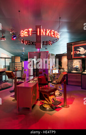 Historic tattoo stand or parlour where you can draw and get your own temporary sailor tattoo at the Maritime Museum in Elsinore / Helsingør, Denmark. Stock Photo