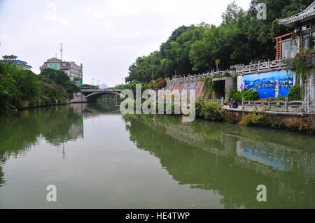 The scenic area canals around Elephant Trunk Hill are peaceful spots in Guilin to get away from the hustle of the city. Stock Photo