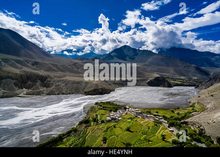 Aerial view from Tiri Gompa in Upper Mustang on the village, located on a green peninsula in the Kali Gandaki valley Stock Photo