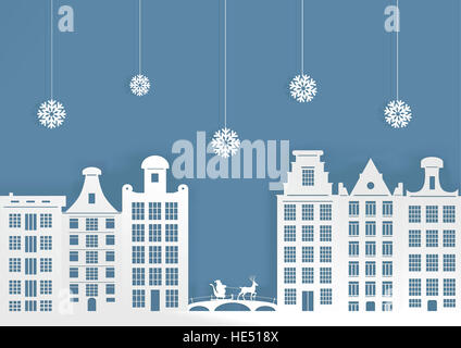 Christmas illustration. City in the snow and Santa Claus on a sledge. Stock Photo