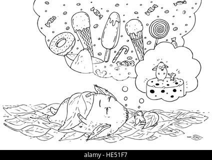 Coloring page for children. Little monster and his friend mouse sleeping and dreaming. Stock Photo
