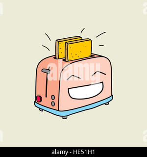 Funny illustration: happy toaster is ready for breakfast. Morning ritual caricature cartoon. Stock Photo