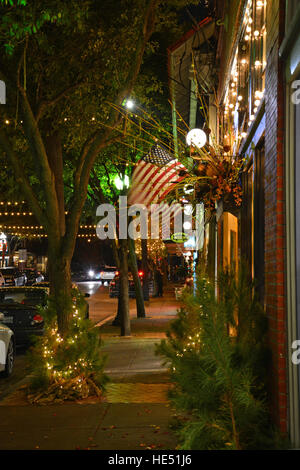 Holiday street lights line the Bishop Avenue shopping district in the