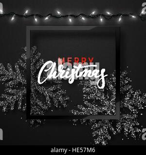 Christmas background black color with realistic garlands and beautiful snowflakes in the frame. Stock Vector
