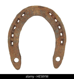 Old worn rusty steel horseshoe Isolated on white background Stock Photo