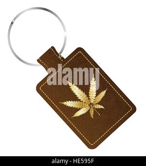 A brown leather key fob and ring with a marijuana gold leaf icon Stock Vector