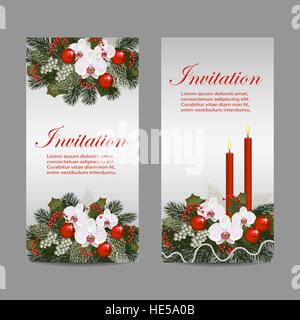 Set of two banners with christmas decorations, flowers and burning candles. Stock Vector
