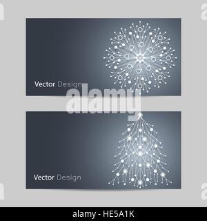 Set of horizontal banners. White snowflake and fir tree made of connected lines and dots on blue background. Stock Vector