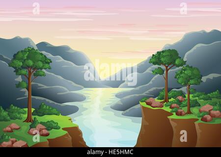 Sunset in the mountains above the river Stock Vector