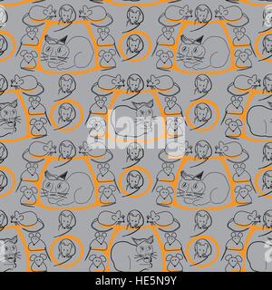 Cat and Mice Seamless Pattern on Gray Stock Vector