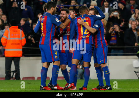 BARCELONA - DEC 18: Barcelona players celebrate after scoring a goal at