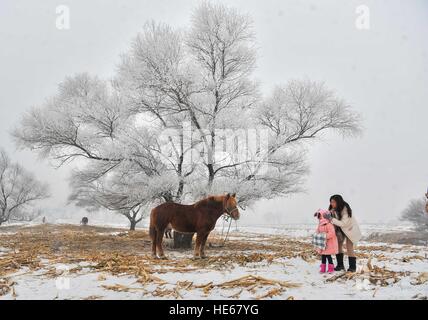 Changchun, China's Jilin Province. 19th Dec, 2016. Tourists enjoy the rime scenery at a scenic spot in Jilin City, northeast China's Jilin Province, Dec. 19, 2016. © Xu Chang/Xinhua/Alamy Live News Stock Photo