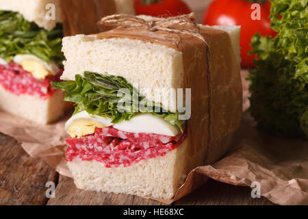 delicious homemade sandwich with salami, egg and greens wrapped in paper close-up on the table. horizontal Stock Photo