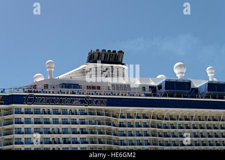 Close-up of the upper decks of a cruise ship Queen Mary 2, with red ...