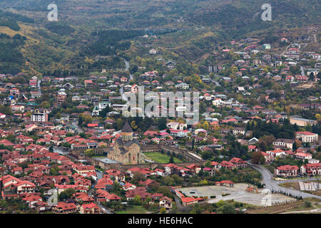 View from up above over the Cathedral of Svetitskhoveli in Mtskheta in Georgia Stock Photo