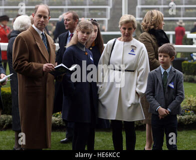 The Earl and Countess of Wessex with their children James, Viscount Severn, and Lady Louise in the parade ring during the Christmas Racing Weekend at Ascot, Berkshire.