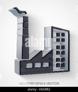 Manufacuring icon: extruded Black Transparent Plastic Industry Building with transparent shadow, EPS 10 vector illustration. Stock Vector