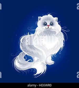artistically painted, white, very fluffy Persian cat on a dark blue glowing background. Stock Vector