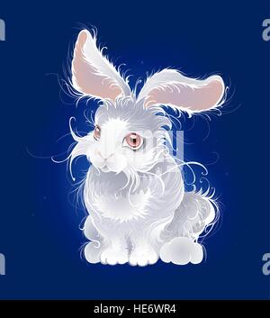 artistically painted, very fluffy, white little rabbit on the dark blue glowing background. Stock Vector