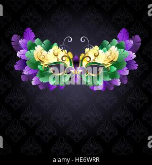 Mardi Gras mask of green, purple and yellow feathers on a black background. Stock Vector