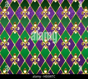 jewelry, background on  Mardi Gras of purple and green rhombus, decorated gold lilies. Stock Vector