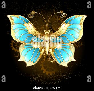 mechanical butterfly brass and gold with wings decorated with blue glass and gears Stock Vector