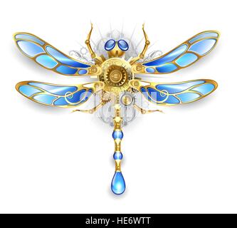 mechanical dragonfly wings with blue glass and bronze gears on a white background Stock Vector